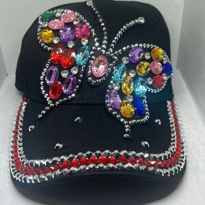 Butterfly Bling Hat – Black Baseball Cap with Colorful Rhinestones & Jewels